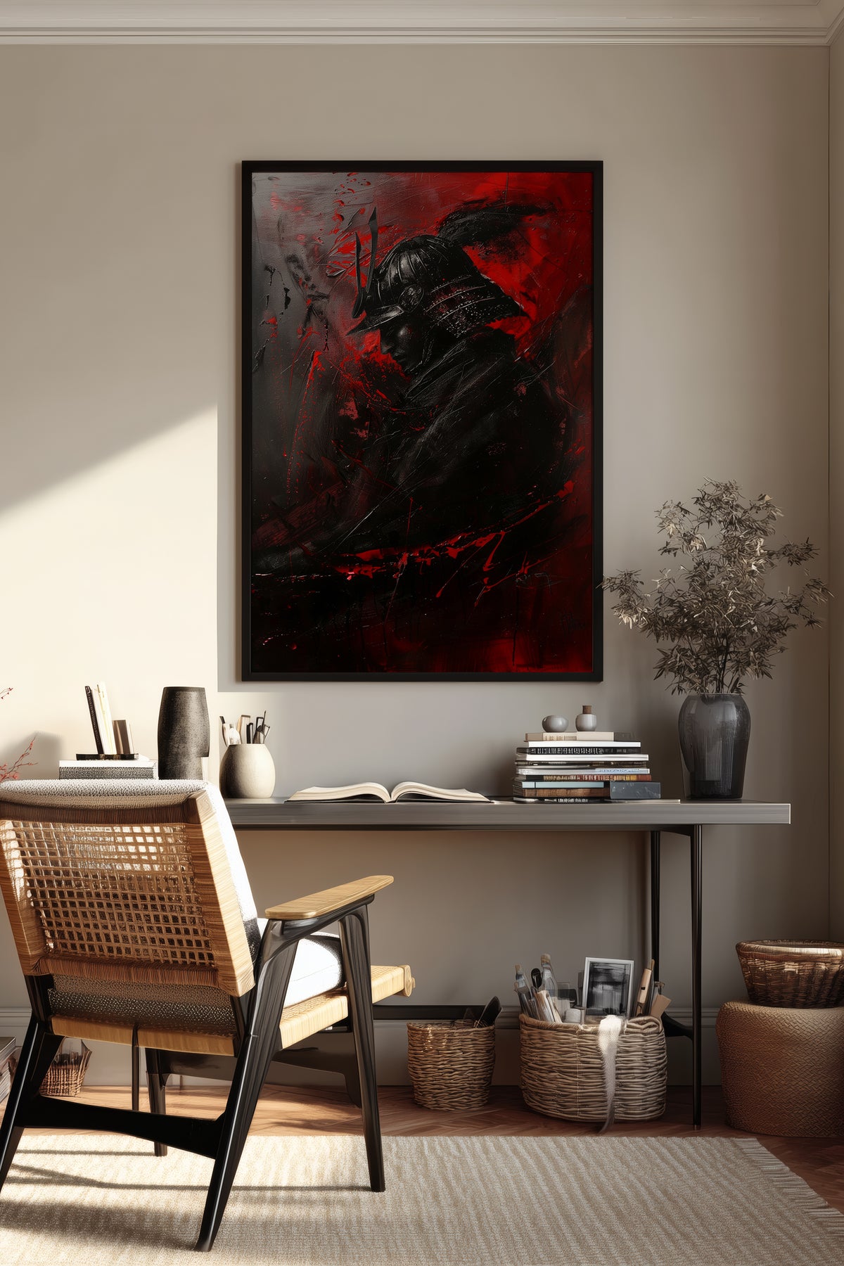Crimson Samurai Helmet Profile Print - Dark Impasto Art | Samurai Legacy
