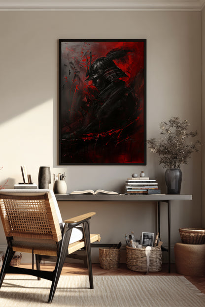 Crimson Samurai Helmet Profile Print - Dark Impasto Art | Samurai Legacy