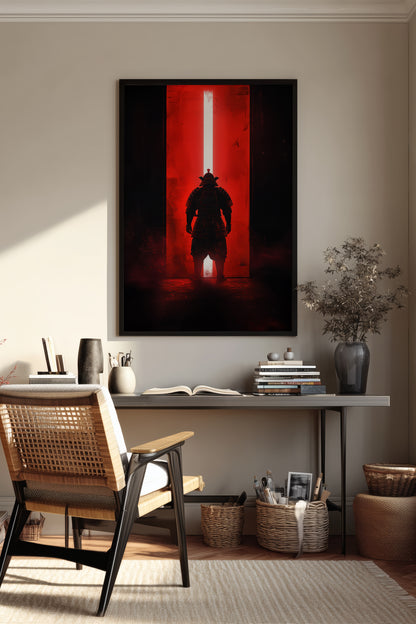 Red Portal Samurai Armor Print - Minimal Light Beam Art | Samurai Legacy