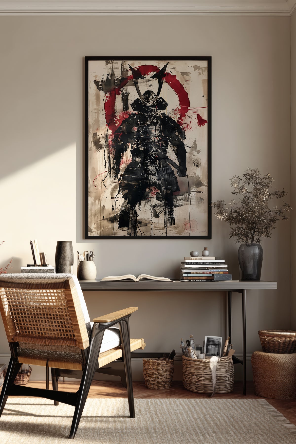 Red Enso Samurai Armor Print - Sumi Ink Wash Poster | Samurai Legacy