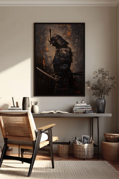 Gold Ember Samurai Profile Print - Dark Impasto Art | Samurai Legacy