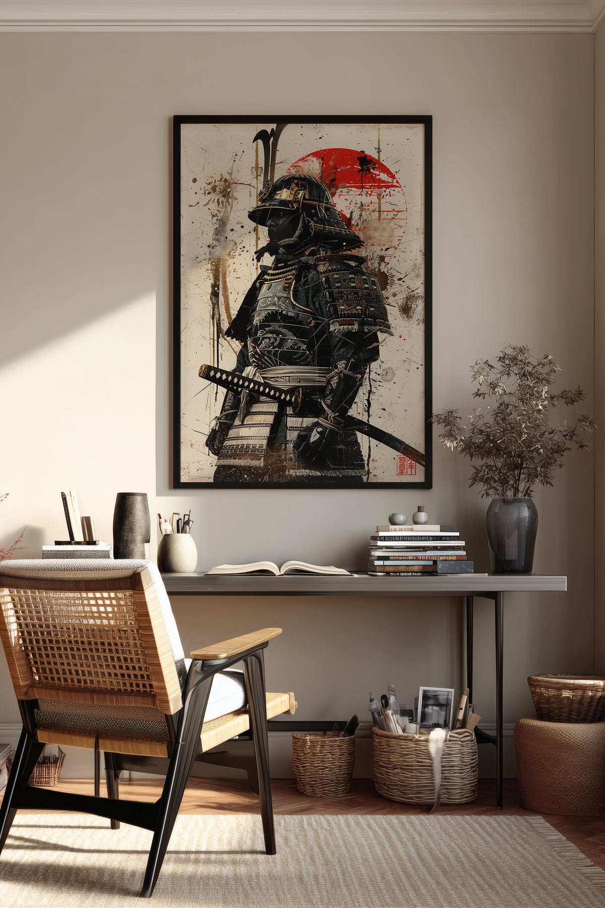 Red Sun Samurai Armor Print - Gold Splatter Wash Art | Samurai Legacy