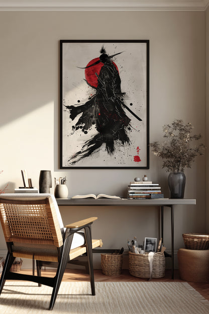 Crimson Sun Samurai Print - Dynamic Sumi Ink Poster | Samurai Legacy