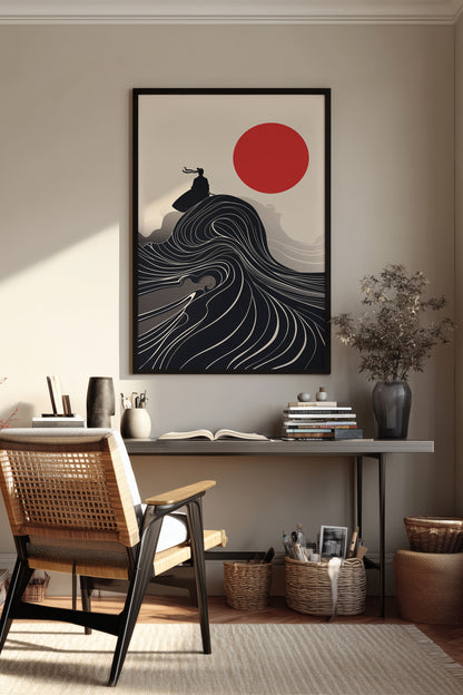Flowing Wave Samurai Silhouette Print - Ukiyo-e Art | Samurai Legacy