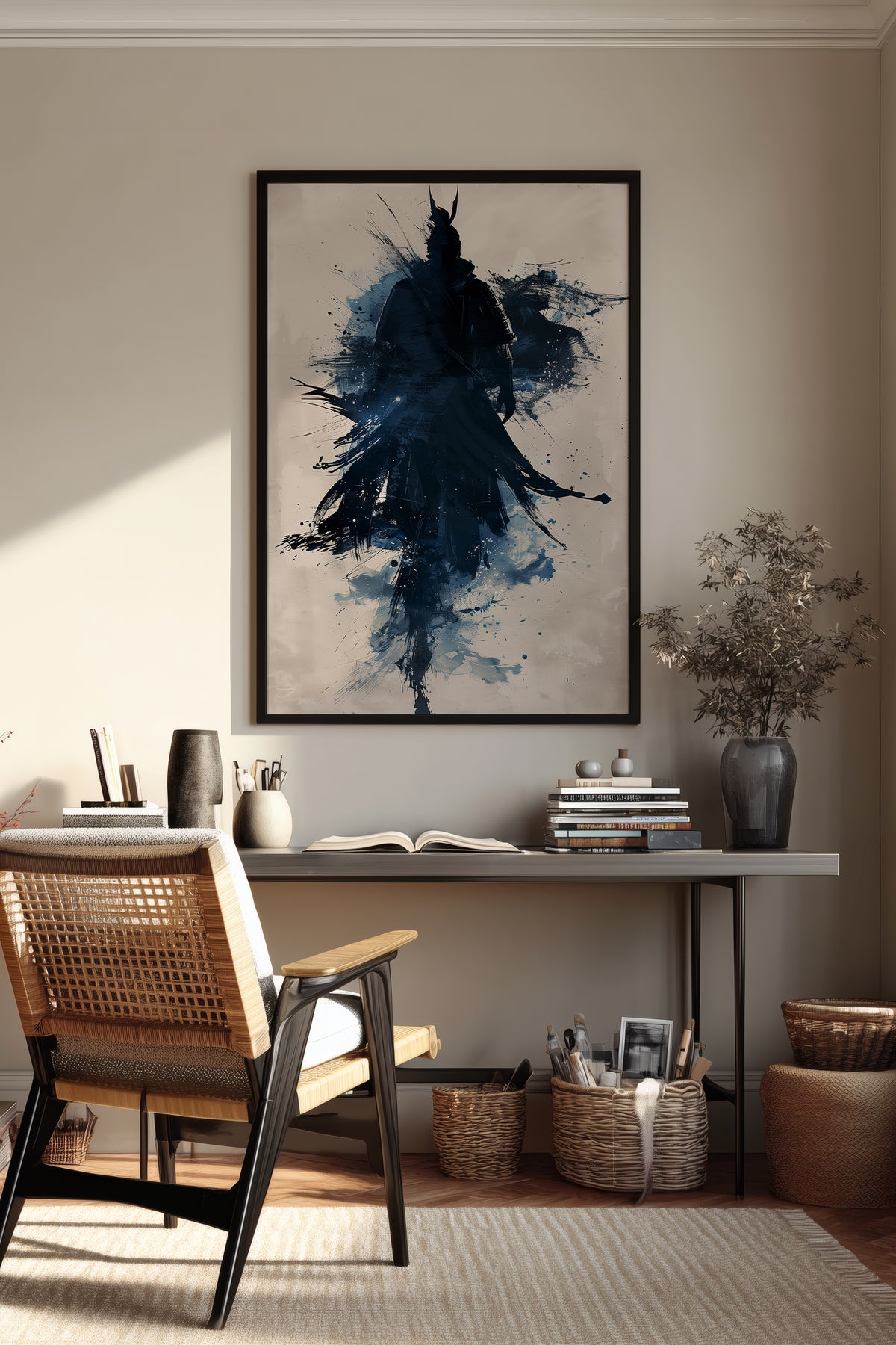 Indigo Splatter Samurai Print - Sumi Ink Wash Poster | Samurai Legacy