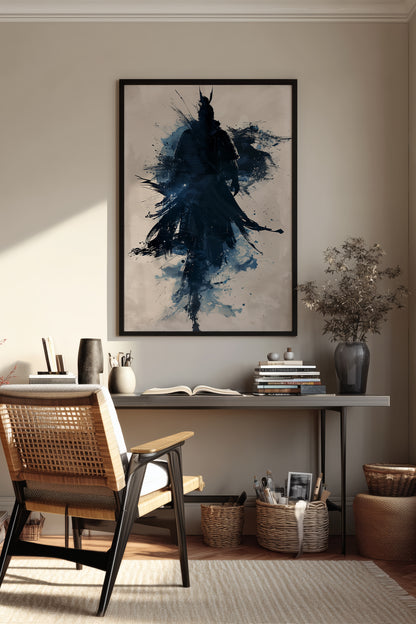 Indigo Splatter Samurai Print - Sumi Ink Wash Poster | Samurai Legacy
