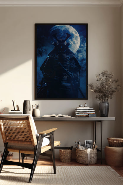 Full Moon Samurai Armor Print - Lunar Noir Art | Samurai Legacy