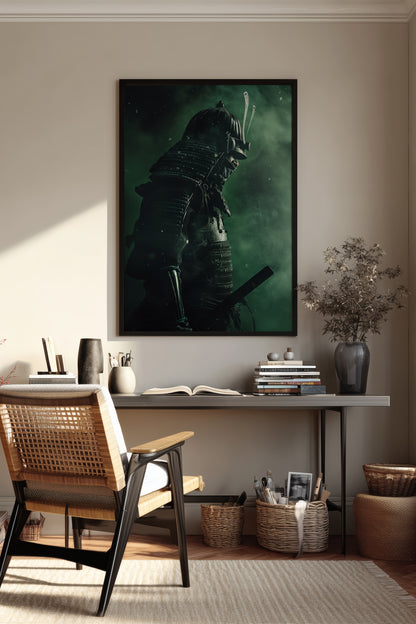 Emerald Shadow Samurai Print - Jade Mist Shogun Poster | Samurai Legacy