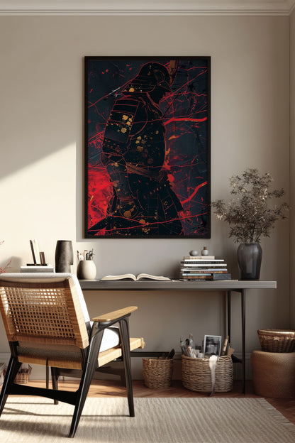 Crimson Line Samurai Armor Poster - Abstract Gold Print | Samurai Legacy