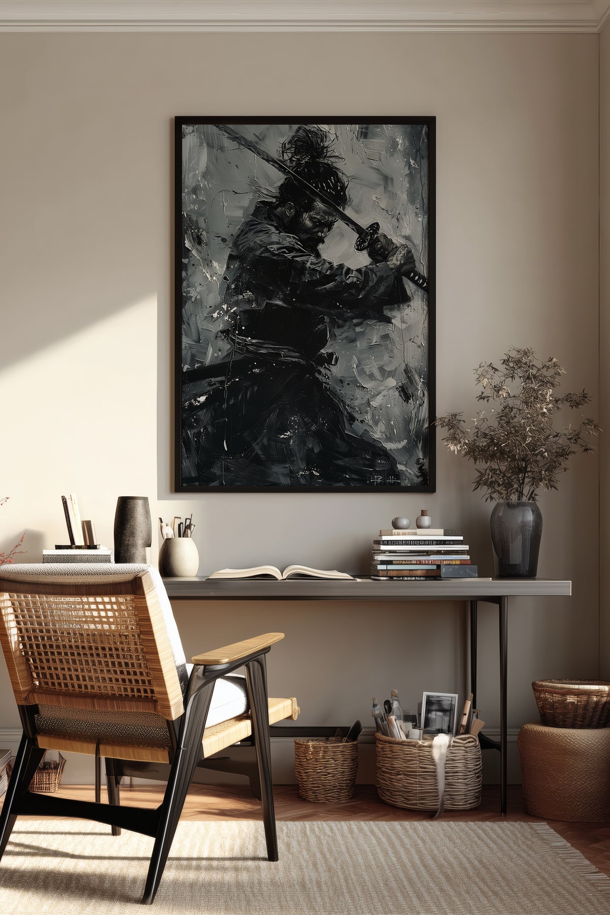 Monochromatic Katana Samurai Poster - Impasto Art Print | Samurai Legacy