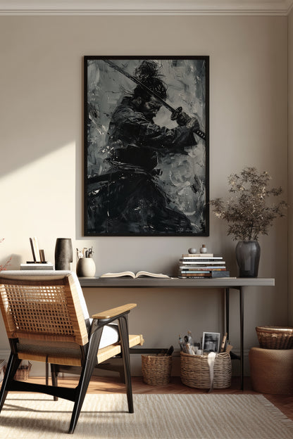 Monochromatic Katana Samurai Poster - Impasto Art Print | Samurai Legacy