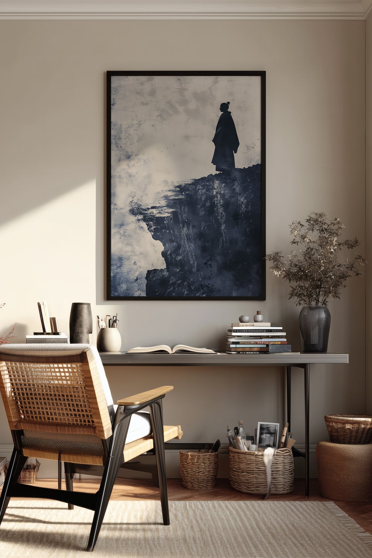 Cliffside Samurai Print - Slate Blue Ink Wash Poster | Samurai Legacy