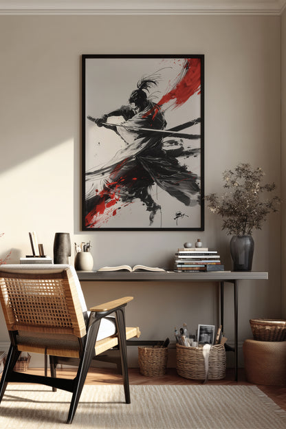 Crimson Arc Samurai Katana Print - Ink Wash Poster | Samurai Legacy