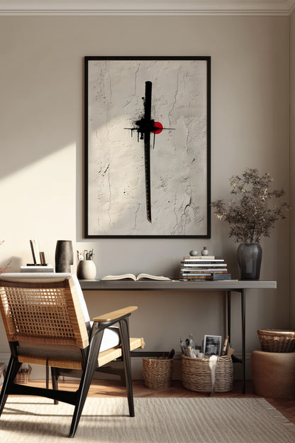 Katana Sword Red Sun Wall Art - Minimalist Ink Poster | Samurai Legacy