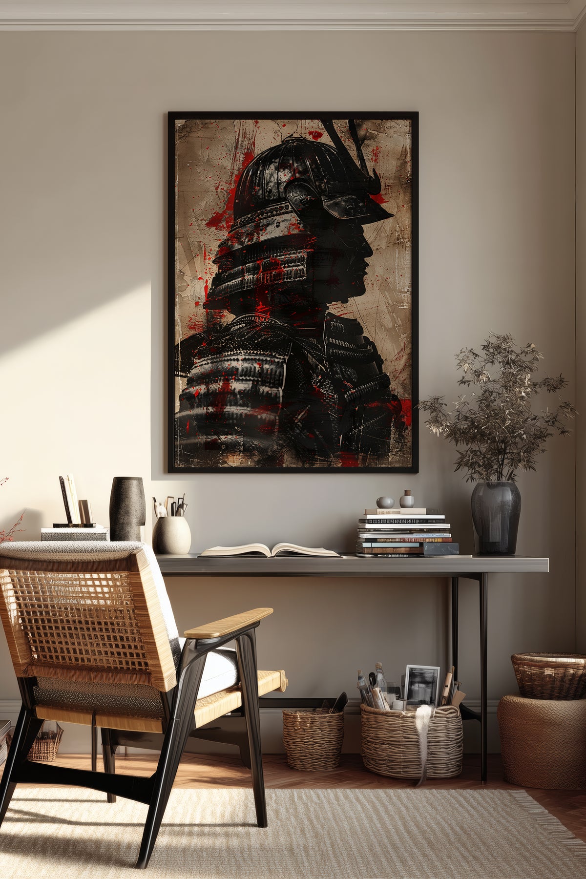Crimson Splatter Kabuto Samurai Print - Vintage Art | Samurai Legacy