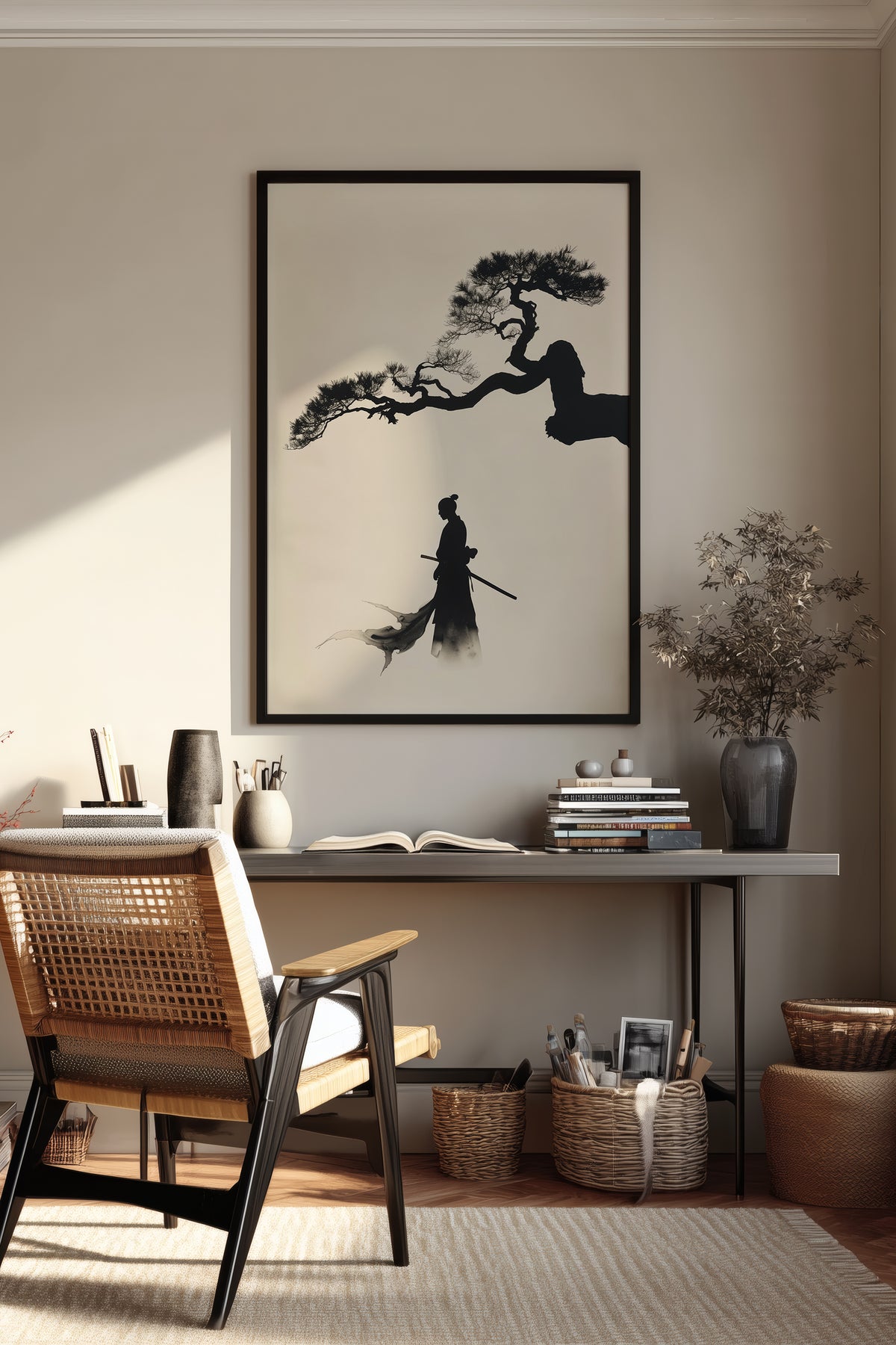 Pine Tree Samurai Art Print - Minimalist Ink Wash Poster | Samurai Legacy