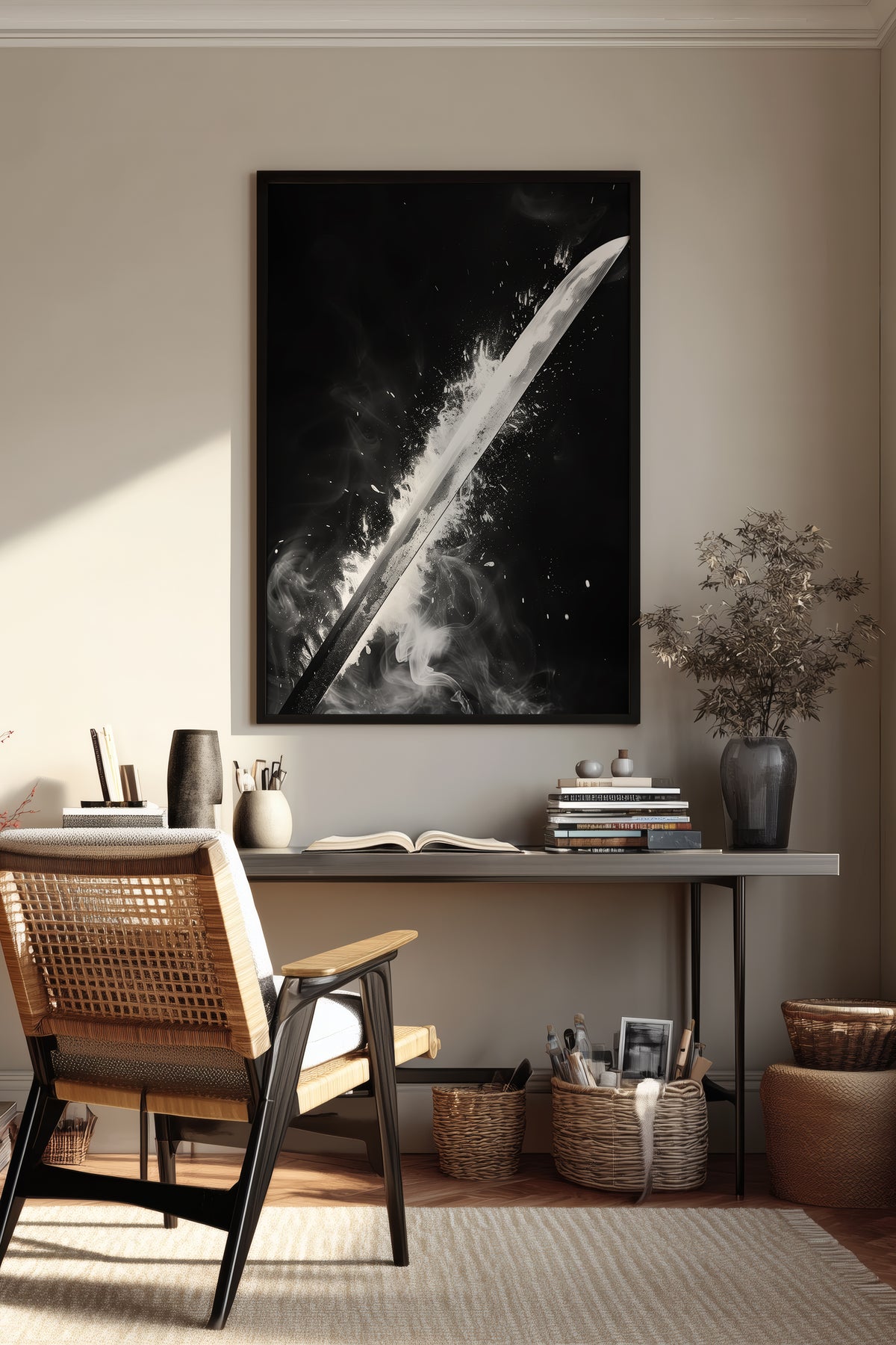 Glowing Katana Blade Print - Monochromatic Smoke Poster | Samurai Legacy
