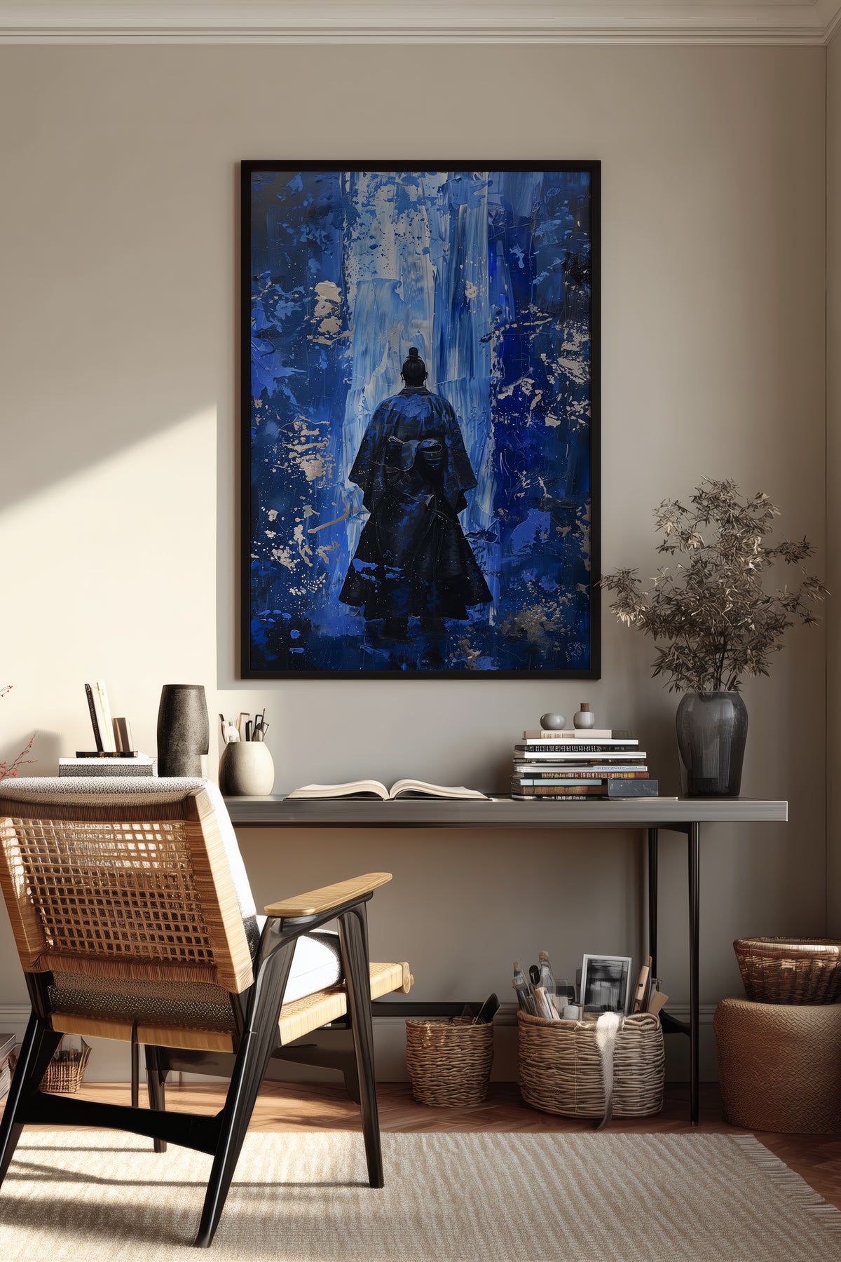 Cobalt Blue Samurai Print - Silver Impasto Poster | Samurai Legacy