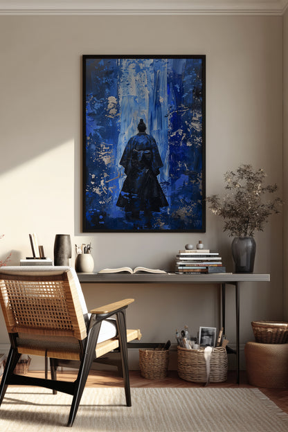 Cobalt Blue Samurai Print - Silver Impasto Poster | Samurai Legacy