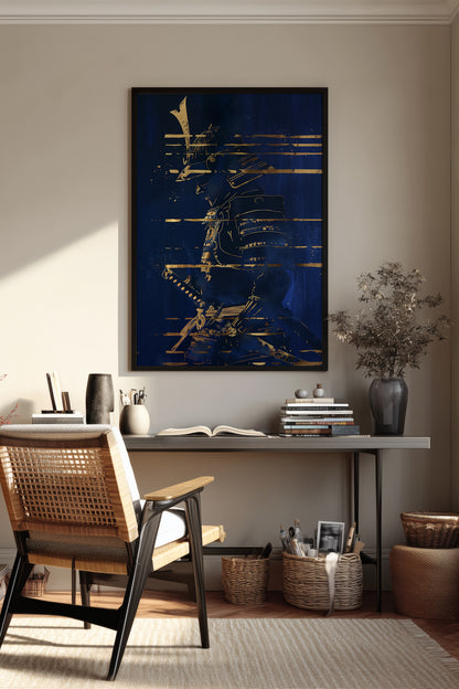 Indigo Gold Samurai Print - Navy Gilded Art Poster | Samurai Legacy