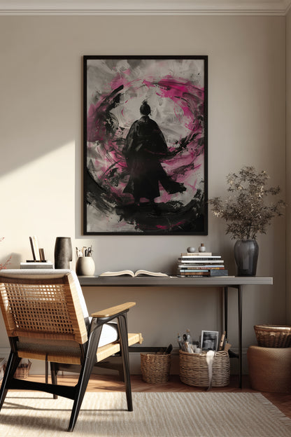 Silent Focus Lone Samurai Print - Expressionist Pink Ink Art | Samurai Legacy