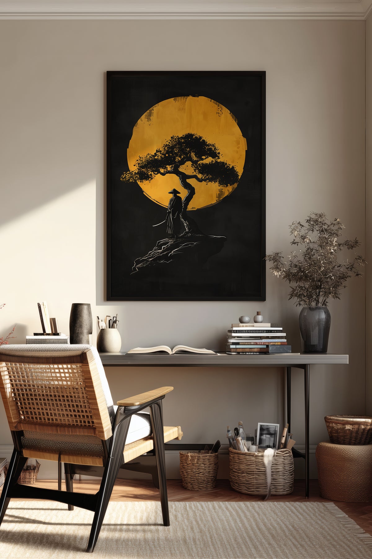 Lone Moonlit Samurai Bonsai Print - Abstract Gold & Black Zen Landscape | Samurai Legacy