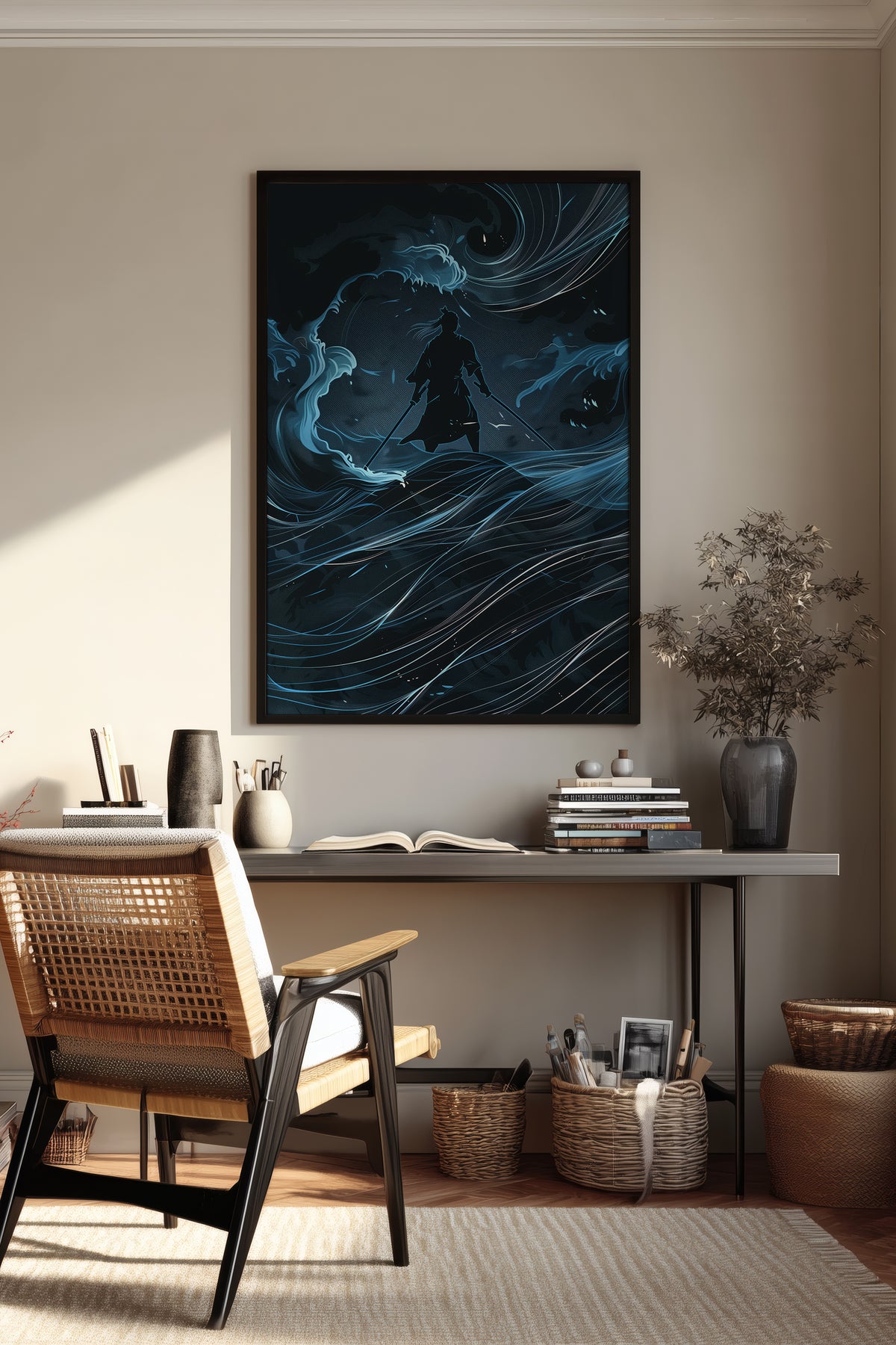 Lone Samurai Blue Ocean Print - Abstract Wave Art | Samurai Legacy