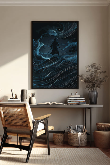 Lone Samurai Blue Ocean Print - Abstract Wave Art | Samurai Legacy