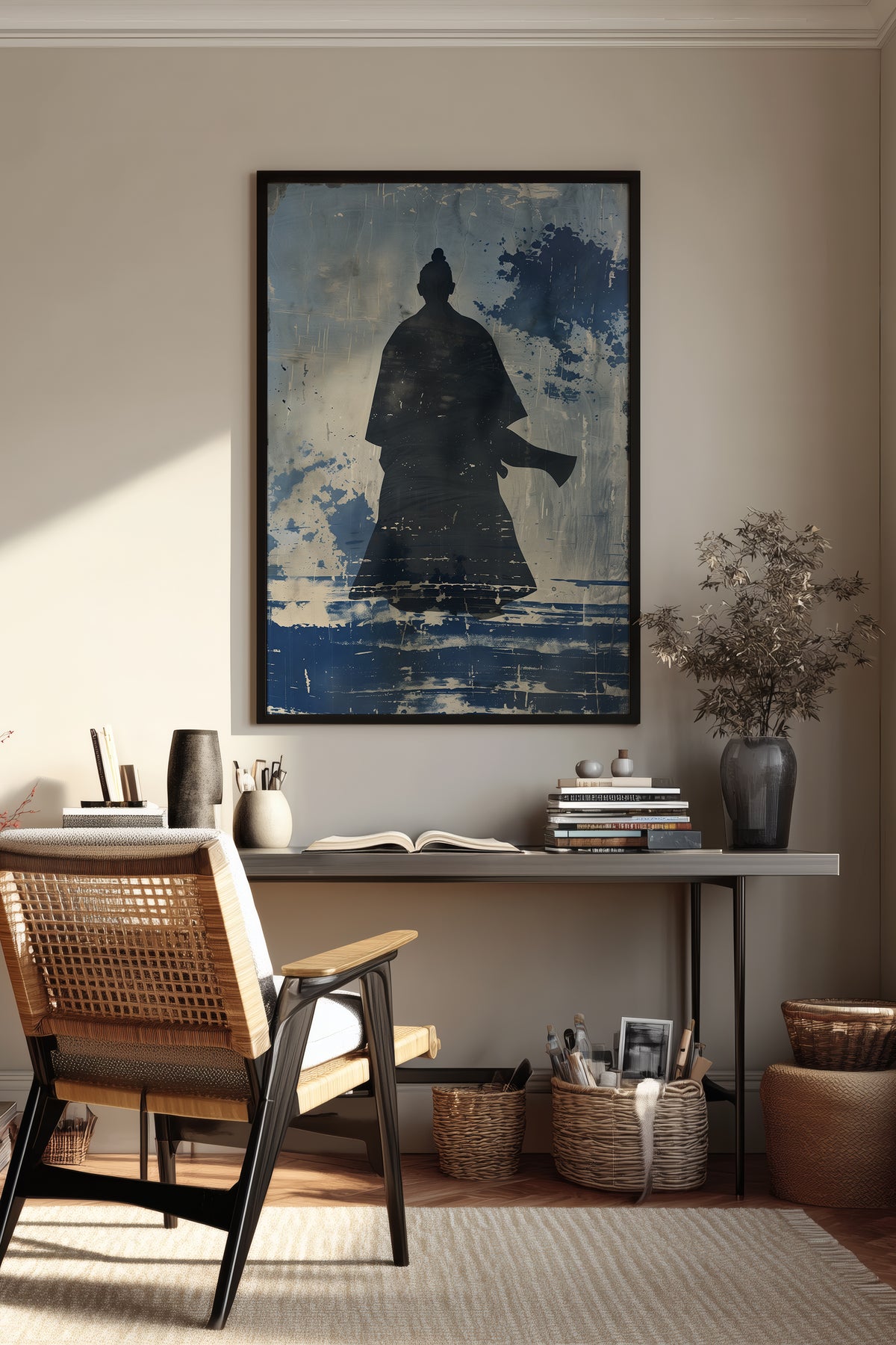 Lone Samurai Silhouette Print - Blue Ink Wabi-Sabi Art | Samurai Legacy