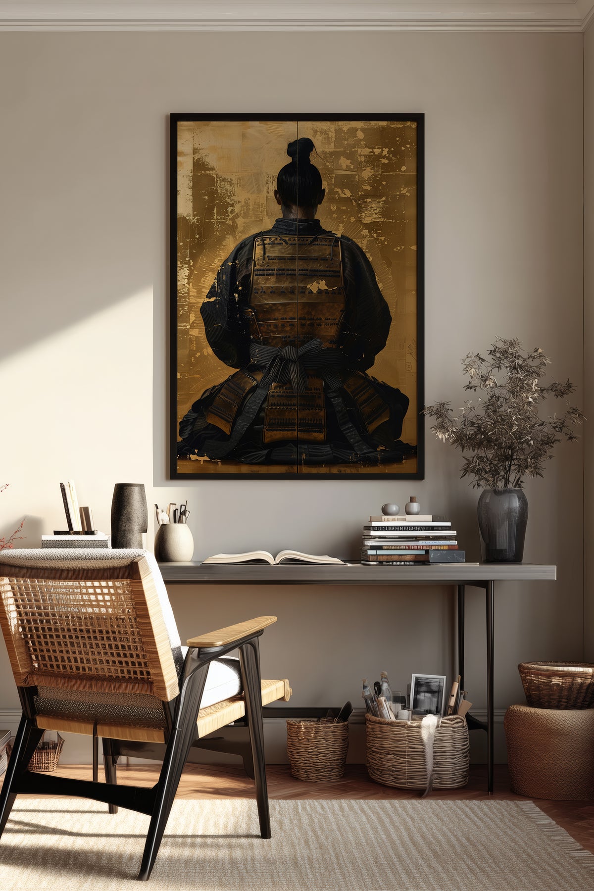 Seated Samurai Armor Poster - Gold Leaf Japanese Wall Art | Samurai Legacy