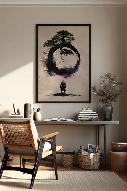 Zen Enso Circle Samurai Print - Violet Ink Pine Tree Decor | Samurai Legacy