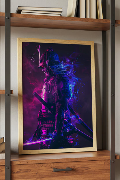 Cyber Neon Samurai Wall Art - Violet Blue Shogun Poster | Samurai Legacy