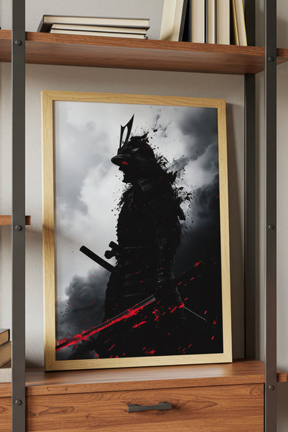 Crimson Blade Samurai Print - Dark Monochrome Poster | Samurai Legacy