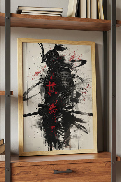 Calligraphy Splatter Samurai Armor Print - Ink Art Poster | Samurai Legacy