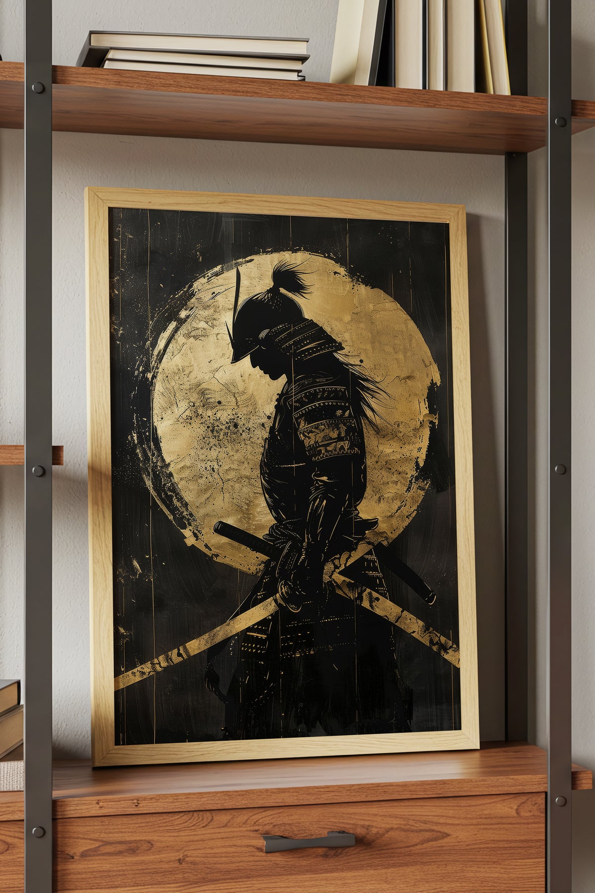 Gold Leaf Dual Katana Samurai Print - Obsidian Art | Samurai Legacy