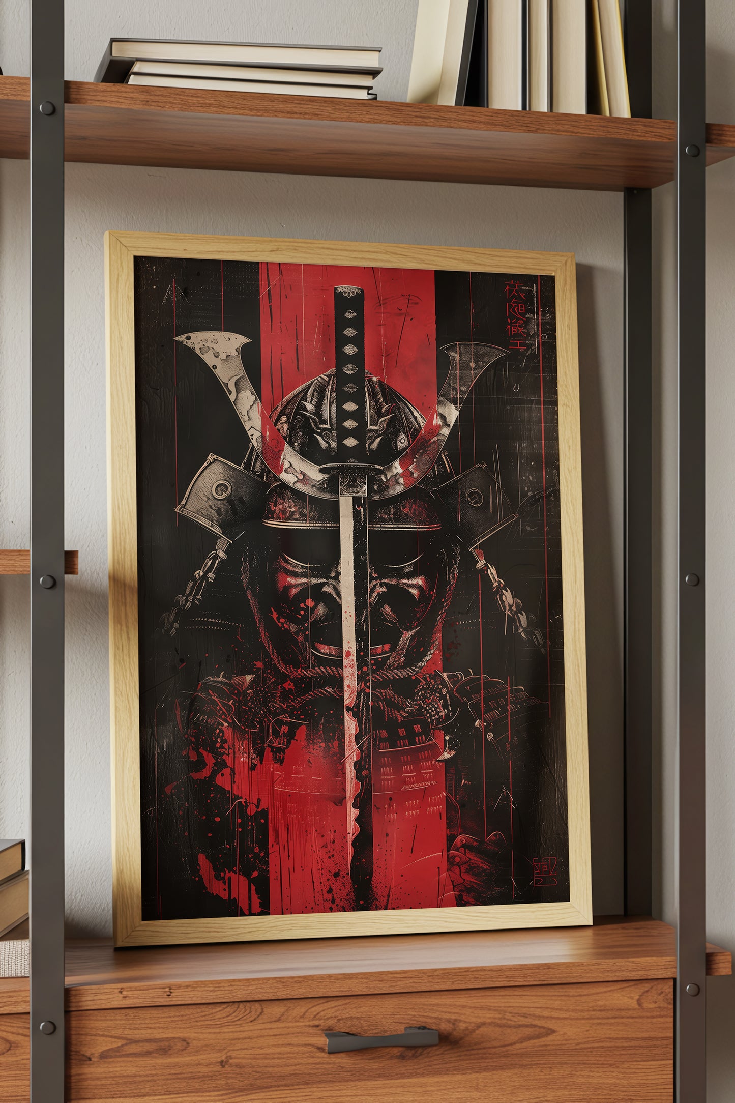 Crimson Katana Kabuto Poster - Graphic Samurai Print | Samurai Legacy