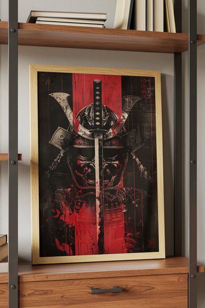 Crimson Katana Kabuto Poster - Graphic Samurai Print | Samurai Legacy