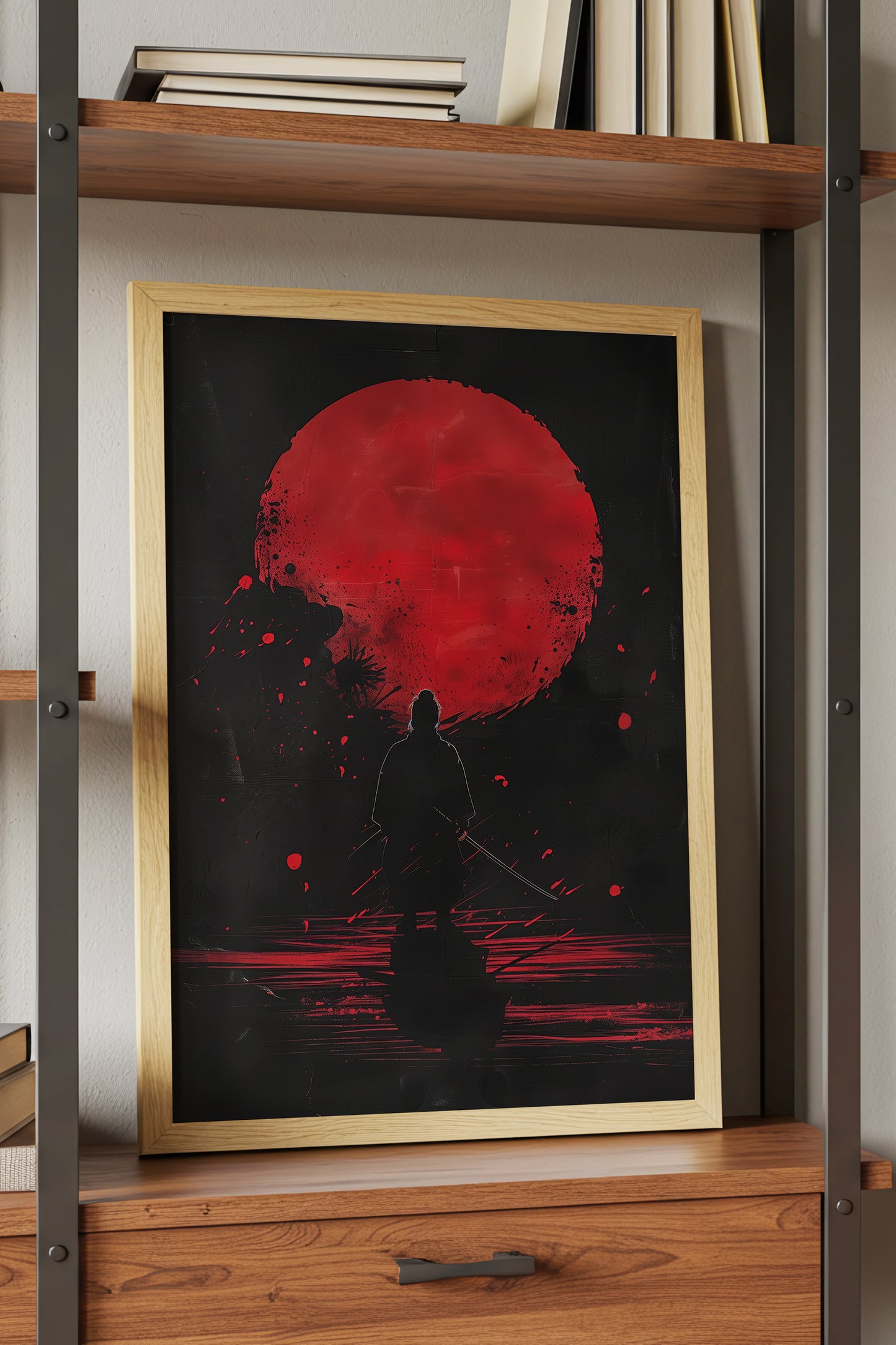 Crimson Moon Samurai Wall Art - Dark Minimalist Poster | Samurai Legacy