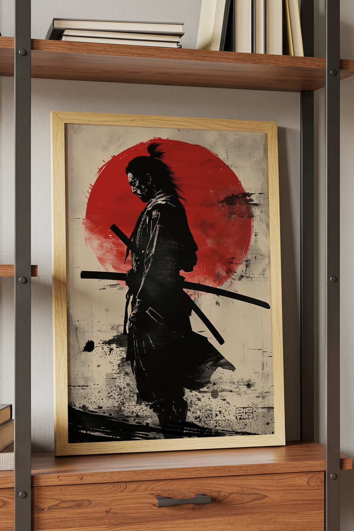 Red Sun Samurai Art Print - Vintage Sumi Ink Poster | Samurai Legacy
