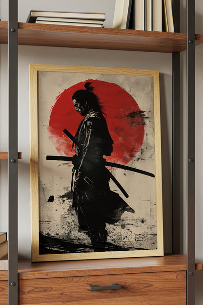 Red Sun Samurai Art Print - Vintage Sumi Ink Poster | Samurai Legacy