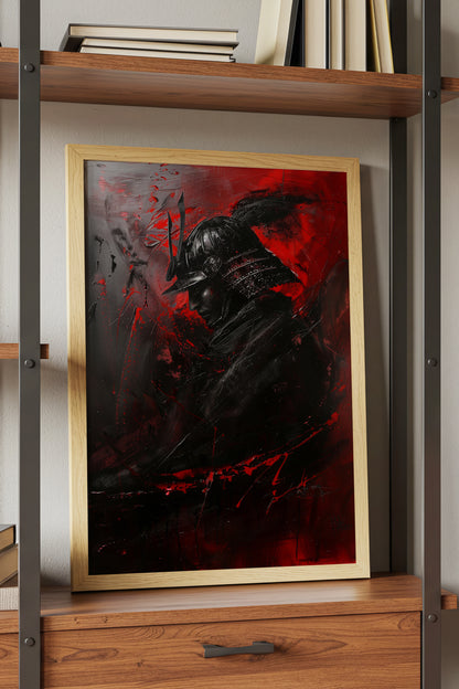Crimson Samurai Helmet Profile Print - Dark Impasto Art | Samurai Legacy