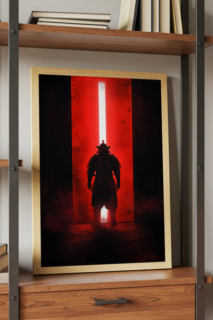 Red Portal Samurai Armor Print - Minimal Light Beam Art | Samurai Legacy