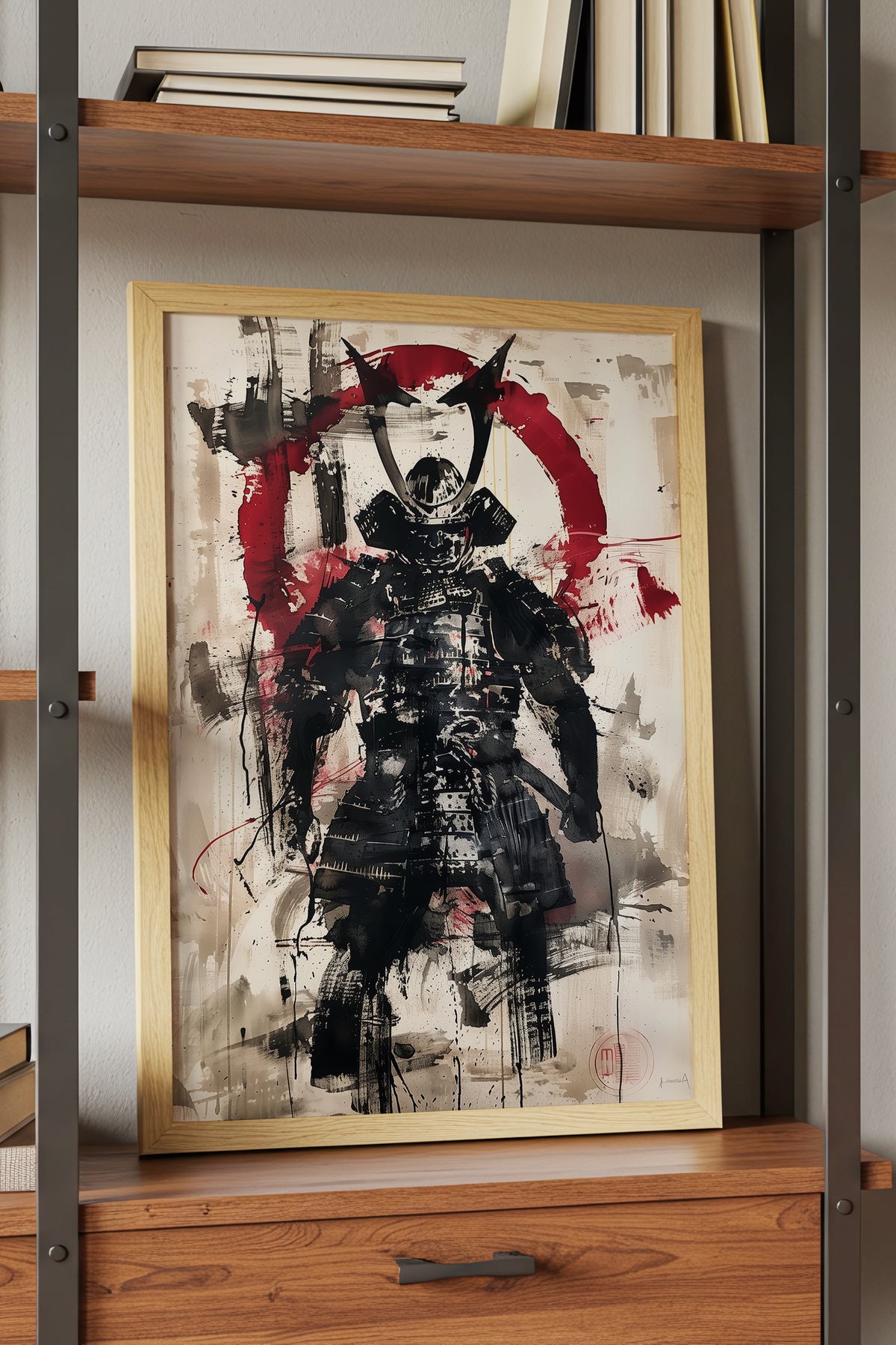Red Enso Samurai Armor Print - Sumi Ink Wash Poster | Samurai Legacy