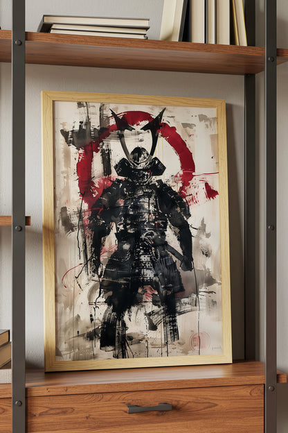 Red Enso Samurai Armor Print - Sumi Ink Wash Poster | Samurai Legacy