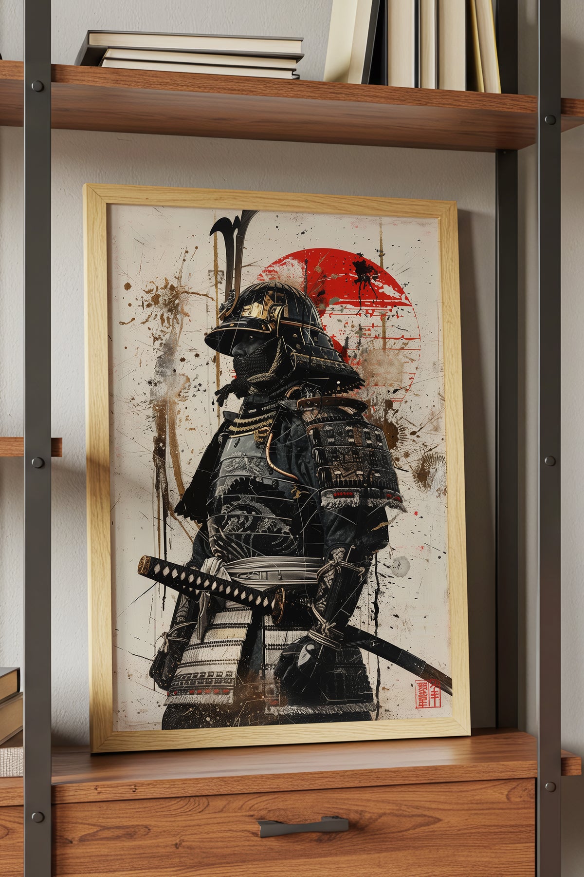 Red Sun Samurai Armor Print - Gold Splatter Wash Art | Samurai Legacy