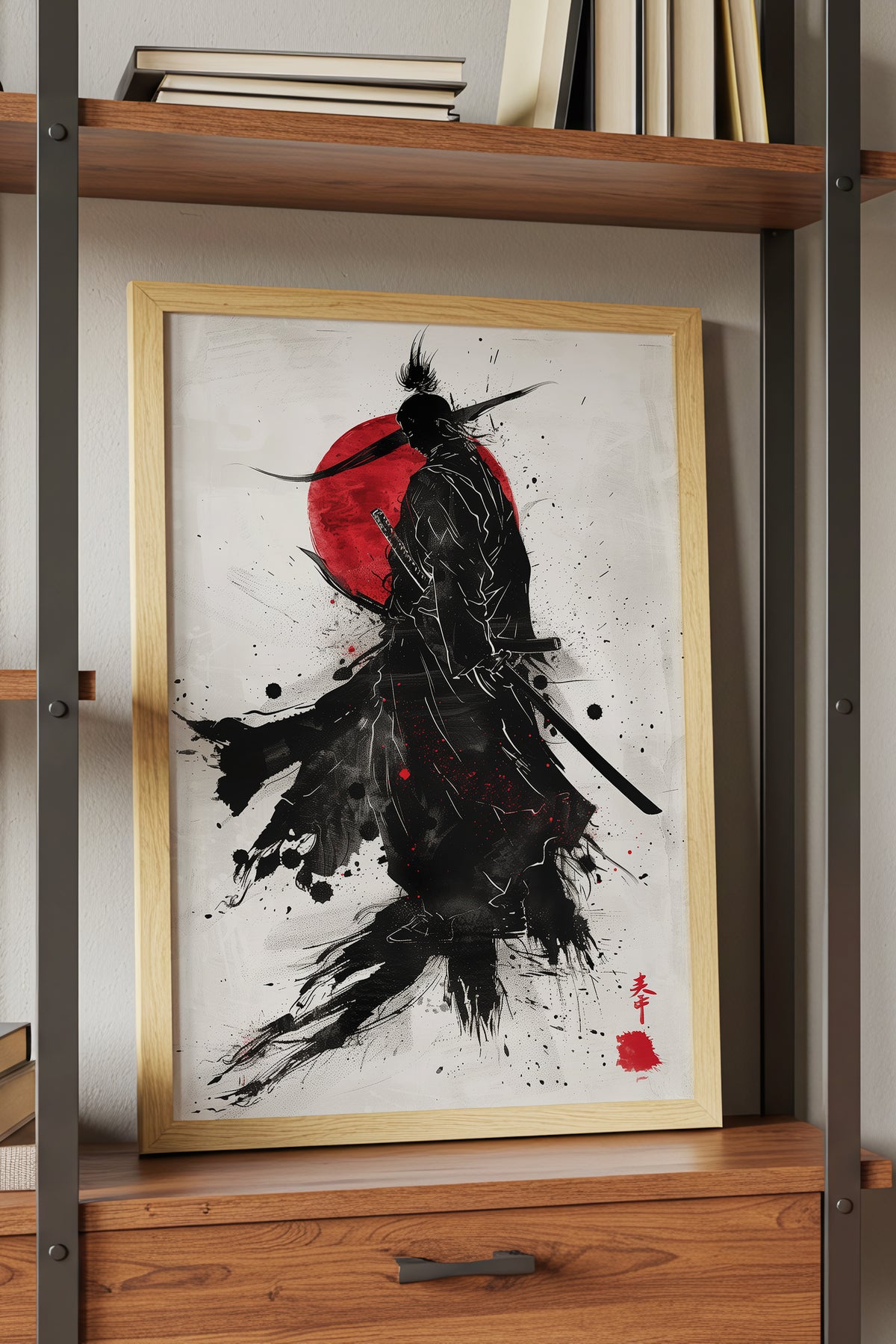 Crimson Sun Samurai Print - Dynamic Sumi Ink Poster | Samurai Legacy