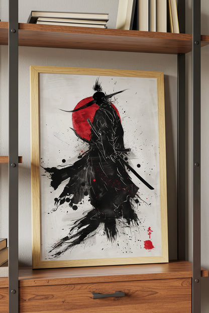 Crimson Sun Samurai Print - Dynamic Sumi Ink Poster | Samurai Legacy