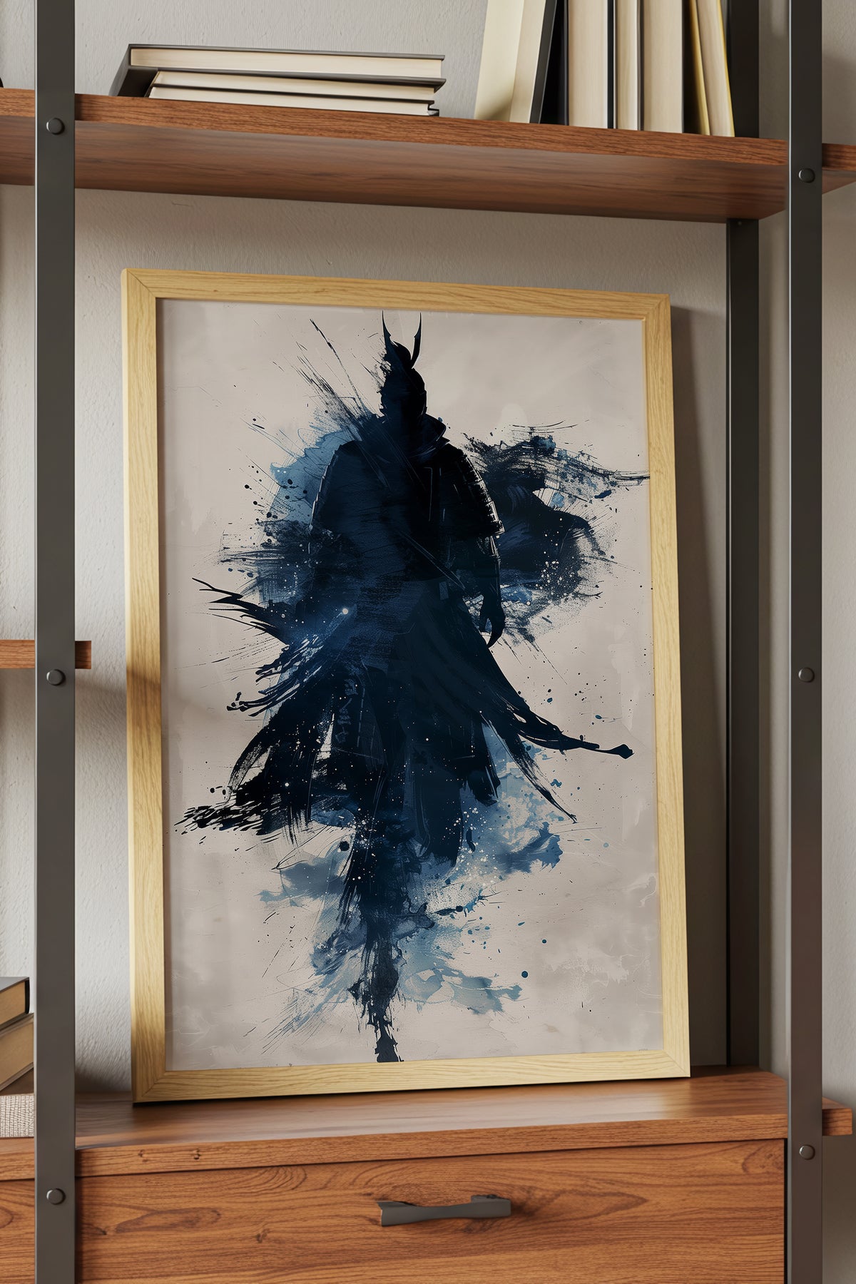 Indigo Splatter Samurai Print - Sumi Ink Wash Poster | Samurai Legacy