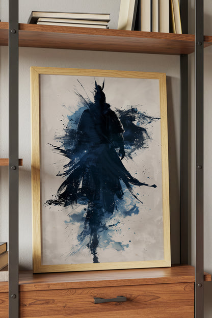 Indigo Splatter Samurai Print - Sumi Ink Wash Poster | Samurai Legacy