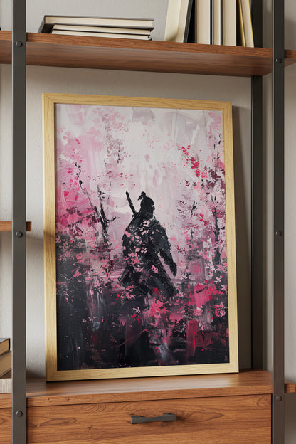 Cherry Blossom Samurai Print - Impressionist Pink Sakura Poster | Samurai Legacy